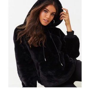 Black plush faux fur full zip hoodie NWT